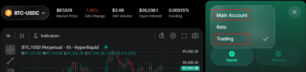 Switch between the main and trading wallets in Warden